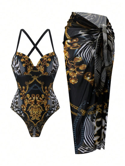 Swim Oasis 2026 Spring/Summer New Fashionable And Elegant Vacation Casual Plus Size Printed One-Piece Swimsuit Set With Square Scarf And Short Cover Skirt