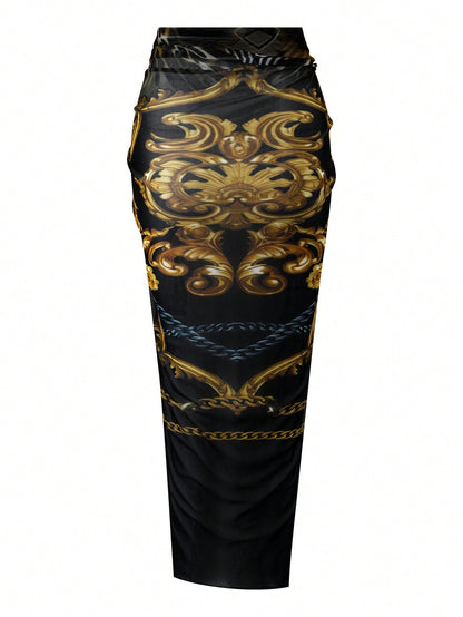 Swim Oasis 2026 Spring/Summer New Fashionable And Elegant Vacation Casual Plus Size Printed One-Piece Swimsuit Set With Square Scarf And Short Cover Skirt