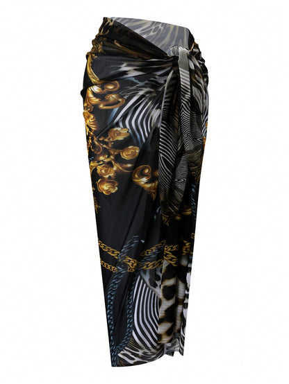 Swim Oasis 2026 Spring/Summer New Fashionable And Elegant Vacation Casual Plus Size Printed One-Piece Swimsuit Set With Square Scarf And Short Cover Skirt