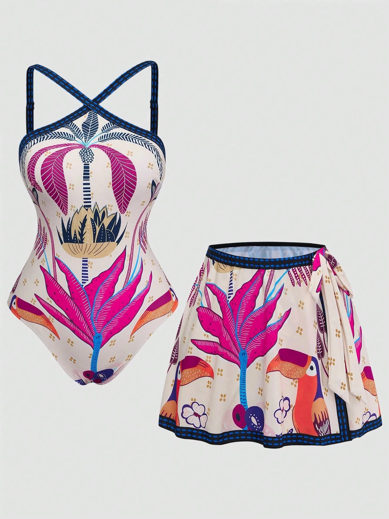 Swim Oasis 2026 Summer Plus Size Beach Holiday Vacation Holiday Parrot Tropical Print One-Piece Swimsuit Cover-Up Skirt Set Beige Tropical