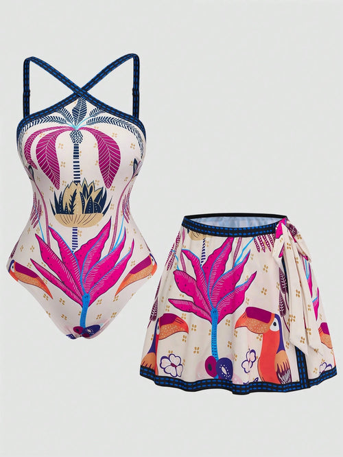 Swim Oasis 2026 Summer Plus Size Beach Holiday Vacation Holiday Parrot Tropical Print One-Piece Swimsuit Cover-Up Skirt Set Beige Tropical