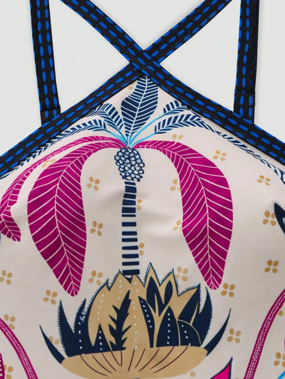 Swim Oasis 2026 Summer Plus Size Beach Holiday Vacation Holiday Parrot Tropical Print One-Piece Swimsuit Cover-Up Skirt Set Beige Tropical