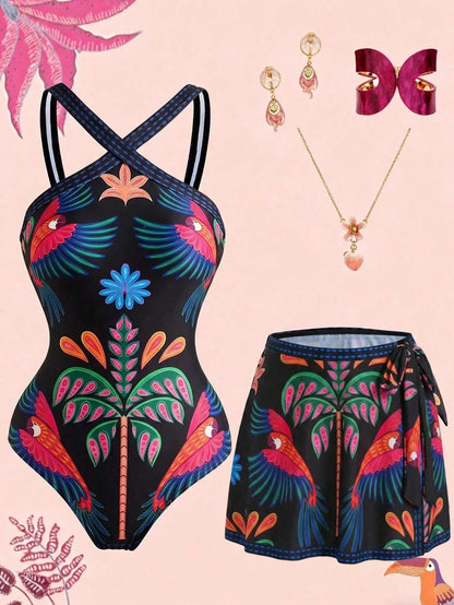 Swim Oasis 2026 Summer Plus Size Beach Holiday Vacation Holiday Parrot Tropical Print One-Piece Swimsuit Cover-Up Skirt Set Beige Tropical