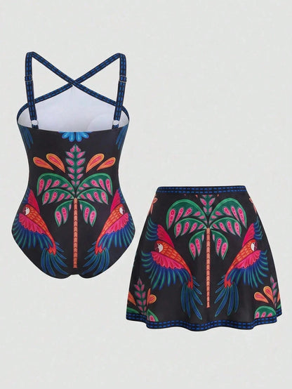 Swim Oasis 2026 Summer Plus Size Beach Holiday Vacation Holiday Parrot Tropical Print One-Piece Swimsuit Cover-Up Skirt Set Beige Tropical