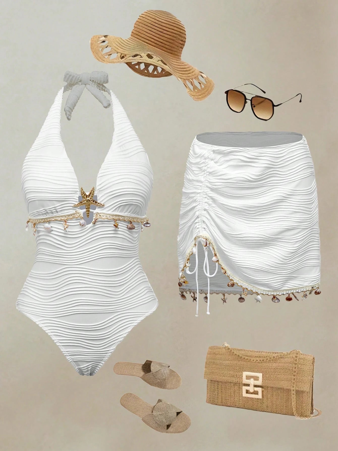 Swim Oasis 26SS Spring/Summer Vacation Beach High-End Elegant Starfish & Shell White Matching Skirt One-Piece Swimsuit 2 Pieces Set