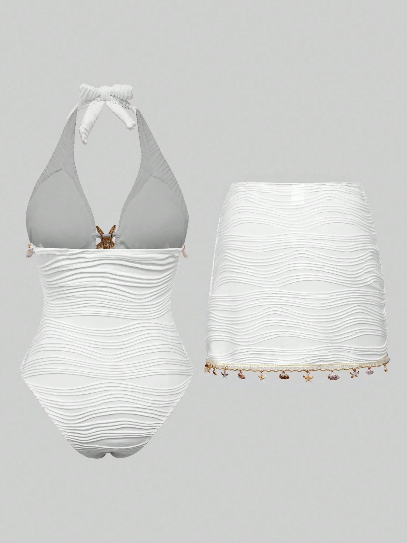 Swim Oasis 26SS Spring/Summer Vacation Beach High-End Elegant Starfish & Shell White Matching Skirt One-Piece Swimsuit 2 Pieces Set