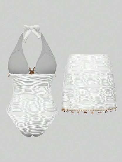 Swim Oasis 26SS Spring/Summer Vacation Beach High-End Elegant Starfish & Shell White Matching Skirt One-Piece Swimsuit 2 Pieces Set