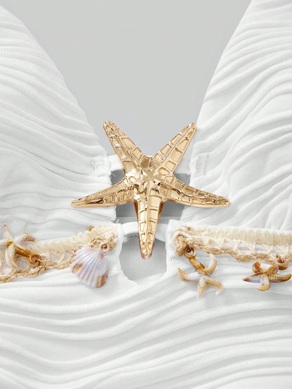 Swim Oasis 26SS Spring/Summer Vacation Beach High-End Elegant Starfish & Shell White Matching Skirt One-Piece Swimsuit 2 Pieces Set