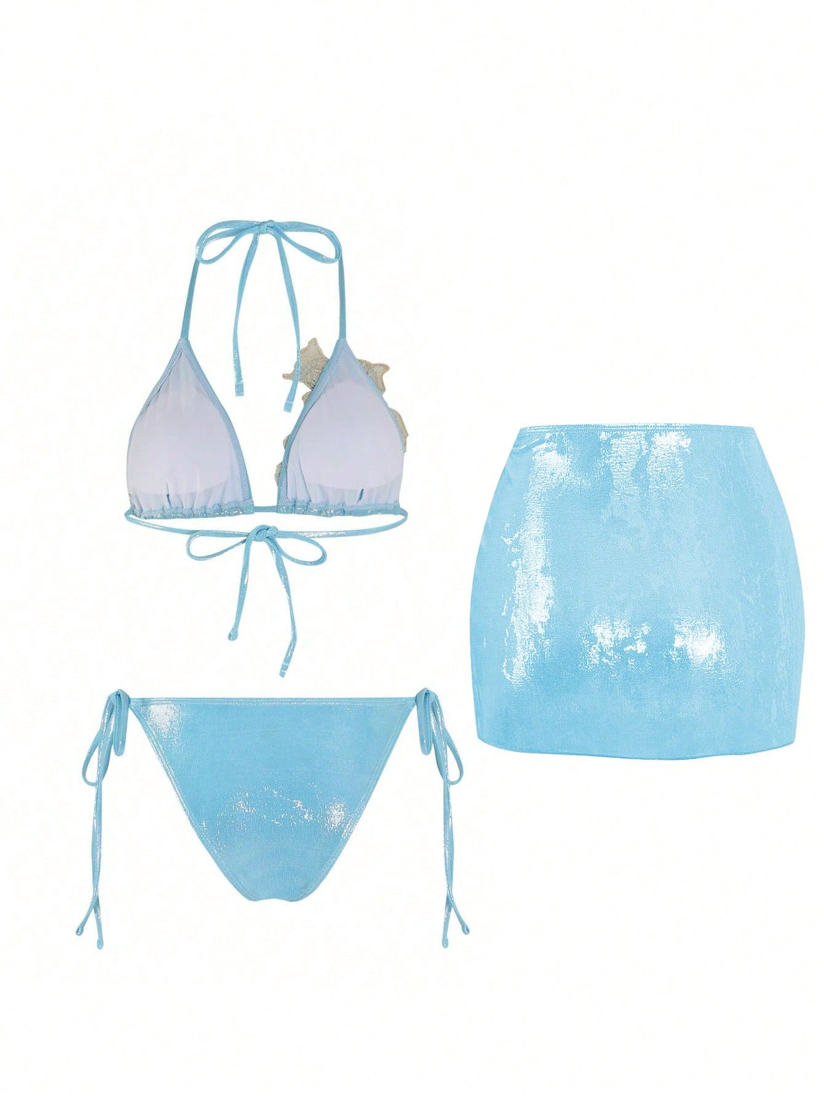 Swim Oasis 3pcs/Set Summer New Shiny Fabric Sequin Embroidery Floral Triangle Bikini Push-Up Swimwear For Women