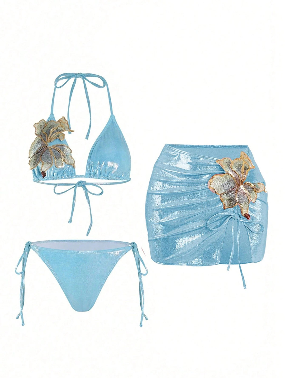 Swim Oasis 3pcs/Set Summer New Shiny Fabric Sequin Embroidery Floral Triangle Bikini Push-Up Swimwear For Women