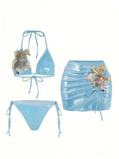 Swim Oasis 3pcs/Set Summer New Shiny Fabric Sequin Embroidery Floral Triangle Bikini Push-Up Swimwear For Women