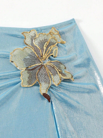 Swim Oasis 3pcs/Set Summer New Shiny Fabric Sequin Embroidery Floral Triangle Bikini Push-Up Swimwear For Women
