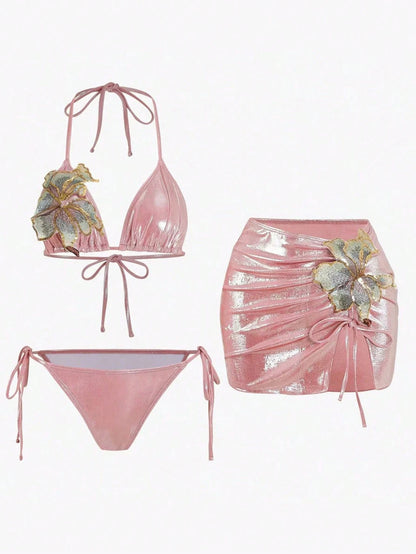 Swim Oasis 3pcs/Set Summer New Shiny Fabric Sequin Embroidery Floral Triangle Bikini Push-Up Swimwear For Women