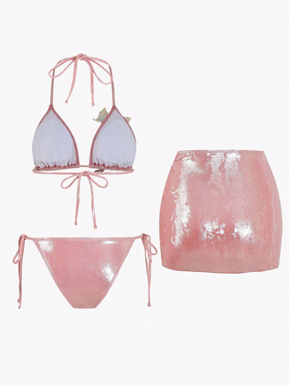 Swim Oasis 3pcs/Set Summer New Shiny Fabric Sequin Embroidery Floral Triangle Bikini Push-Up Swimwear For Women