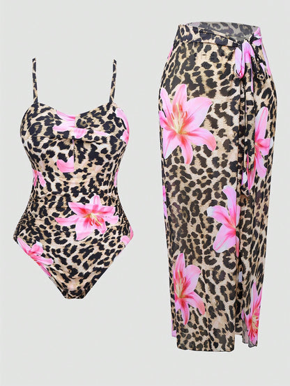Swim Oasis Plus Size One-Piece Twist Waist Ruched Swimsuit + High-End Wrap Cover-Up Skirt For Summer Beach Vacation
