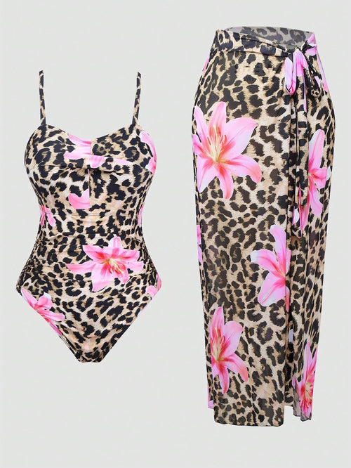 Swim Oasis Plus Size One-Piece Twist Waist Ruched Swimsuit + High-End Wrap Cover-Up Skirt For Summer Beach Vacation