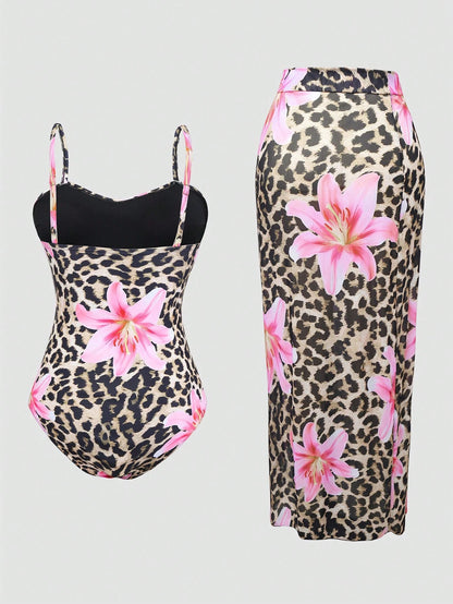 Swim Oasis Plus Size One-Piece Twist Waist Ruched Swimsuit + High-End Wrap Cover-Up Skirt For Summer Beach Vacation