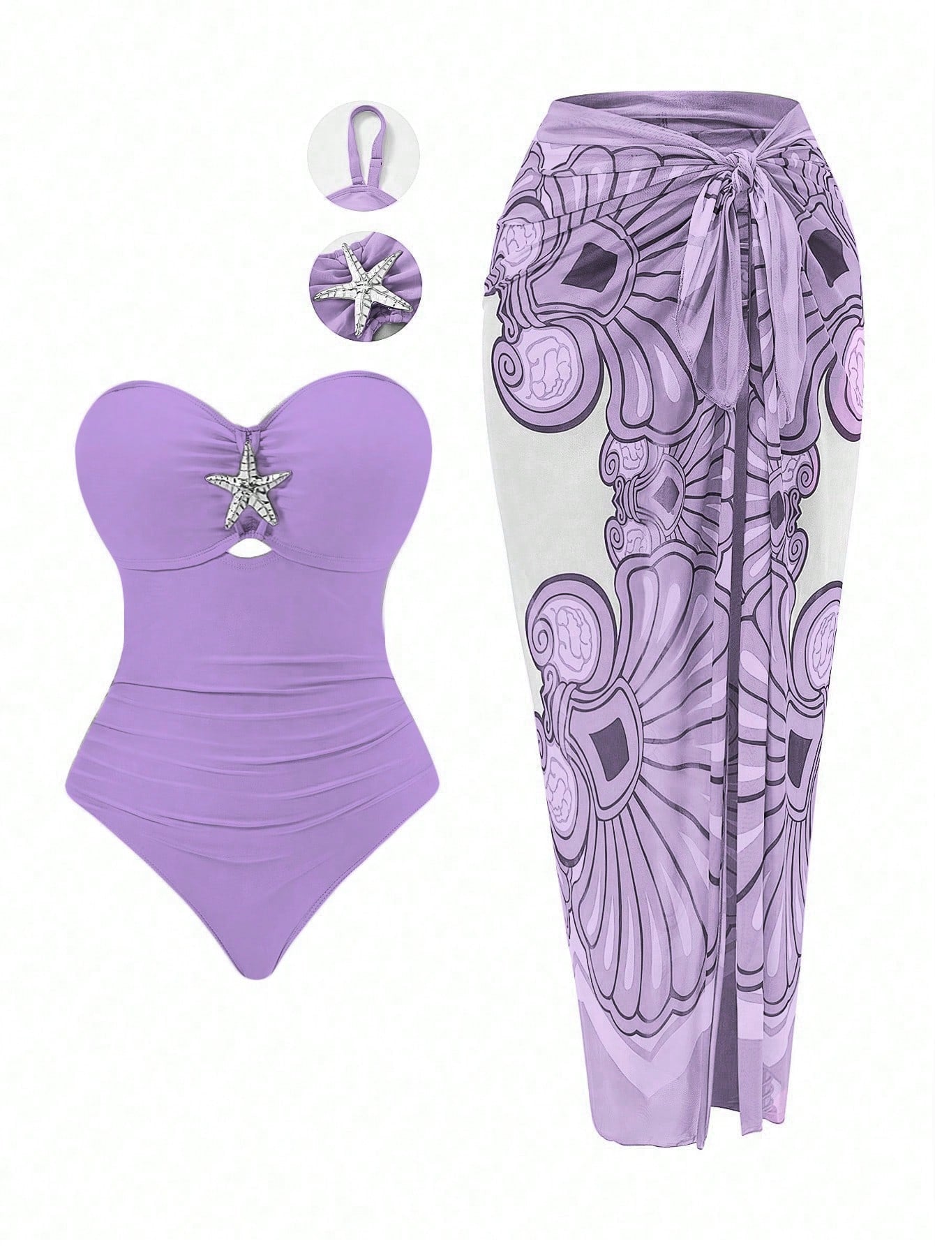 Swim Oasis Plus Size Women Metal Starfish Decor Bandeau One-Piece Swimsuit With Casual Cover-Up Skirt 2-Piece Swimwear Set