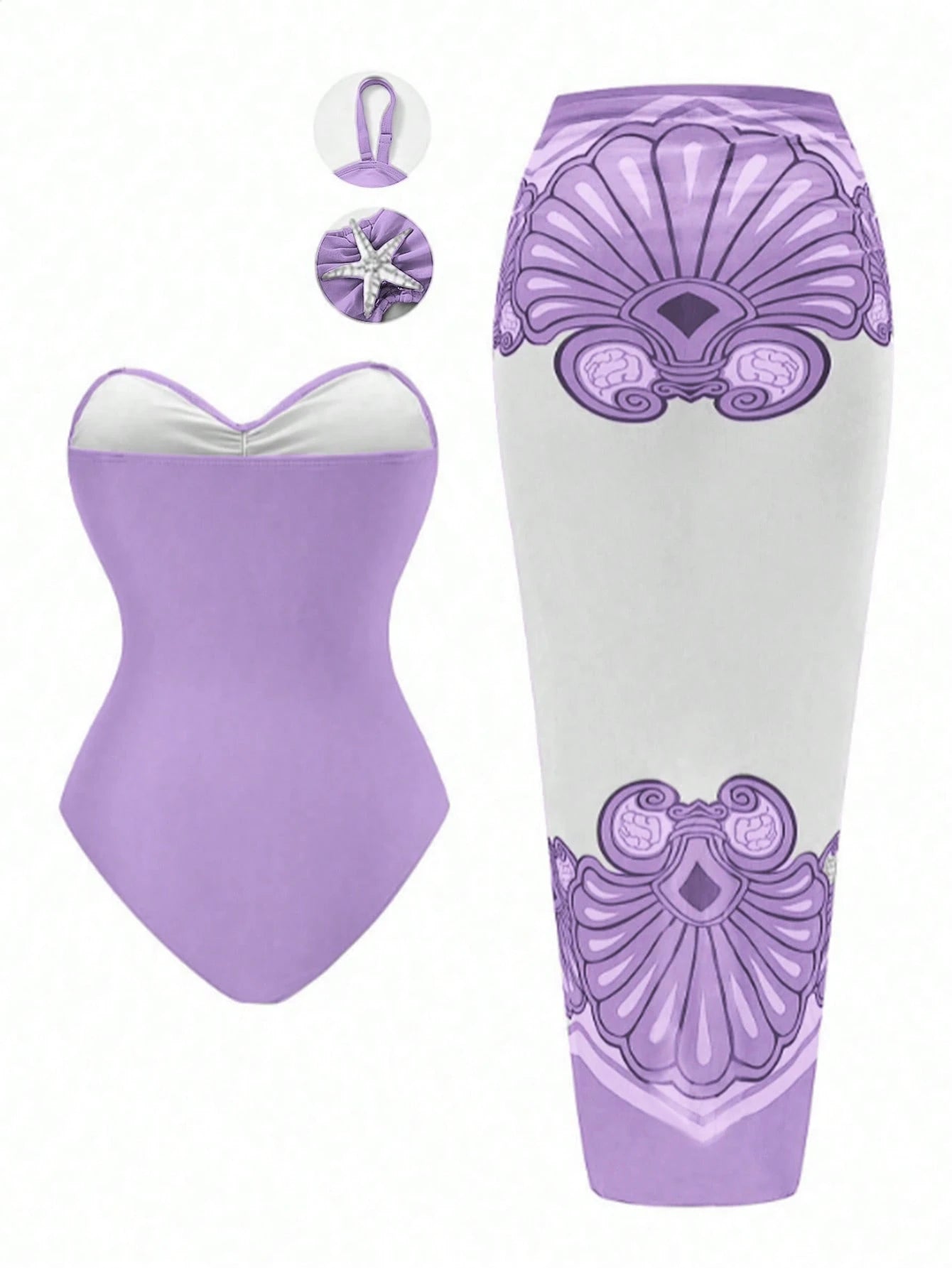 Swim Oasis Plus Size Women Metal Starfish Decor Bandeau One-Piece Swimsuit With Casual Cover-Up Skirt 2-Piece Swimwear Set