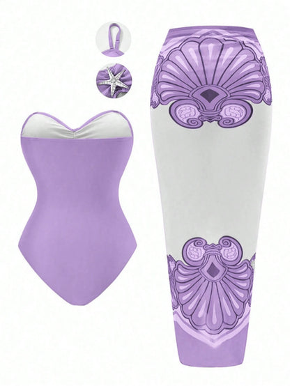 Swim Oasis Plus Size Women Metal Starfish Decor Bandeau One-Piece Swimsuit With Casual Cover-Up Skirt 2-Piece Swimwear Set