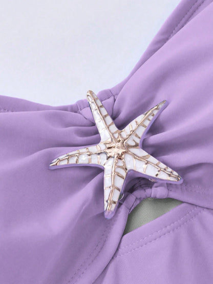 Swim Oasis Plus Size Women Metal Starfish Decor Bandeau One-Piece Swimsuit With Casual Cover-Up Skirt 2-Piece Swimwear Set