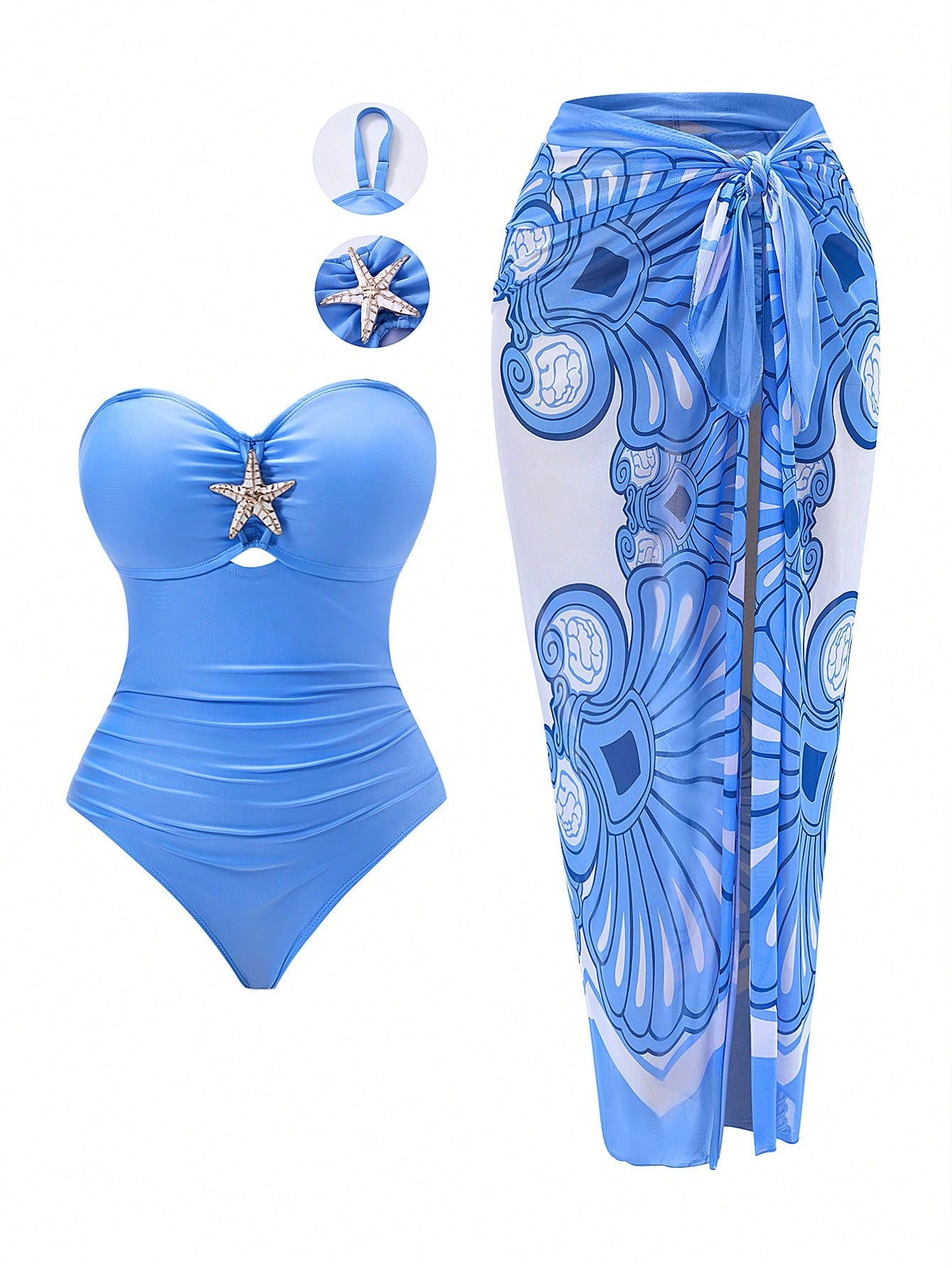 Swim Oasis Plus Size Women Metal Starfish Decor Bandeau One-Piece Swimsuit With Casual Cover-Up Skirt 2-Piece Swimwear Set