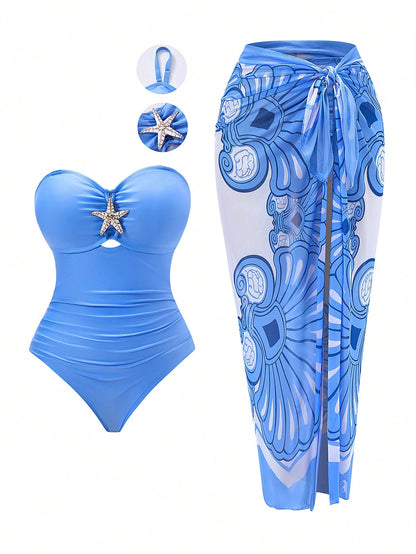 Swim Oasis Plus Size Women Metal Starfish Decor Bandeau One-Piece Swimsuit With Casual Cover-Up Skirt 2-Piece Swimwear Set