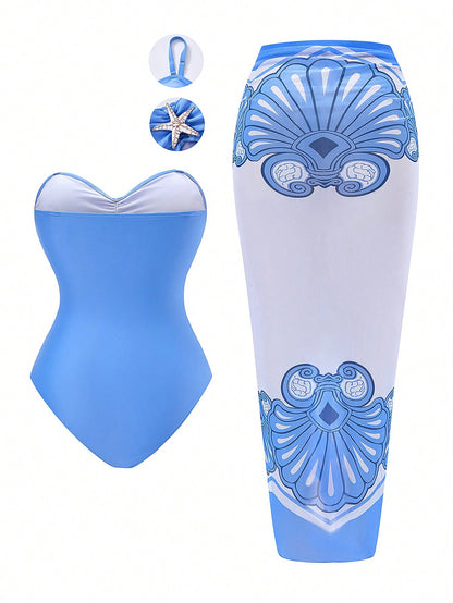 Swim Oasis Plus Size Women Metal Starfish Decor Bandeau One-Piece Swimsuit With Casual Cover-Up Skirt 2-Piece Swimwear Set