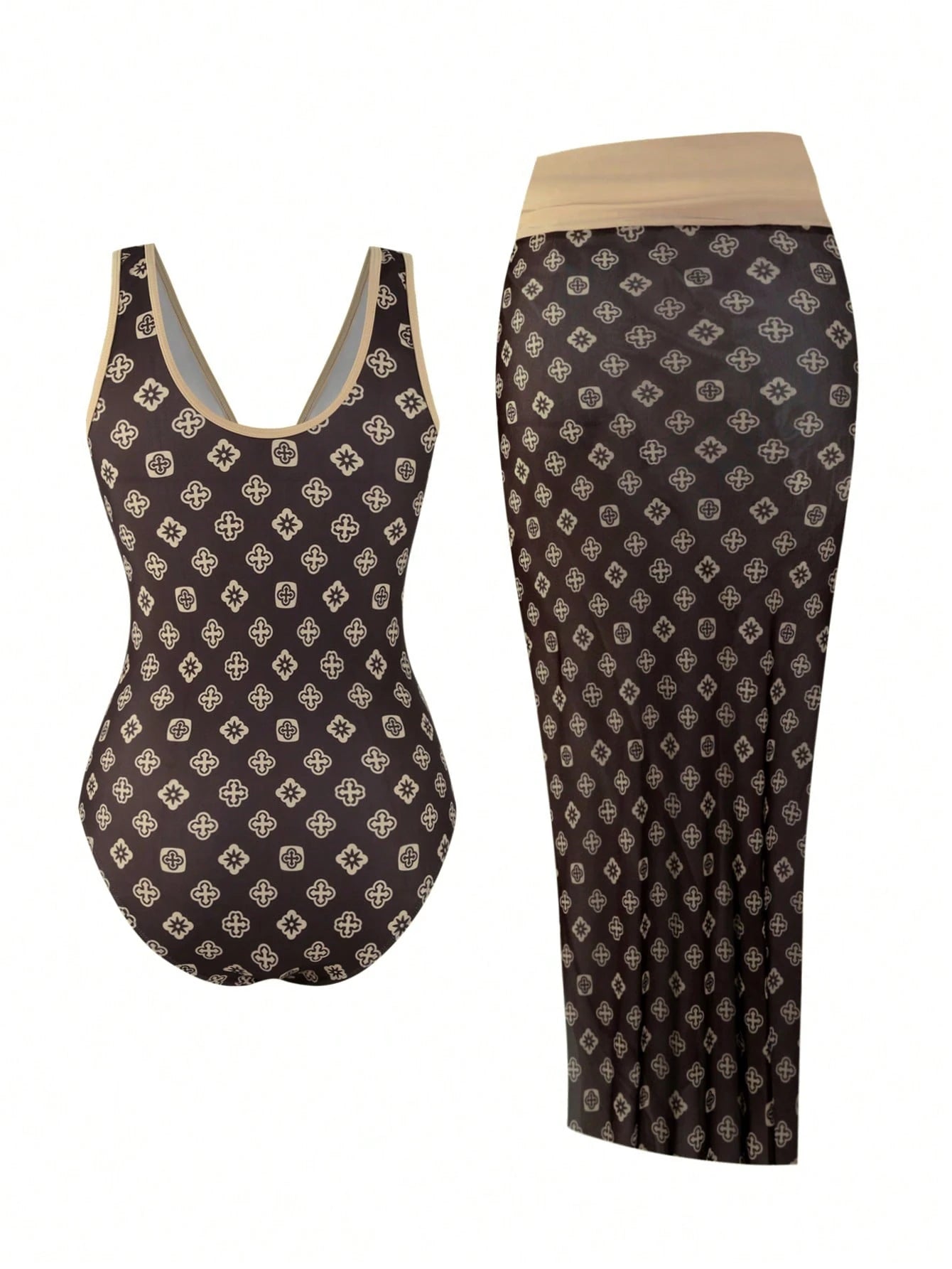 Swim Oasis Plus Size Women's 2-Piece High-End Printed One-Piece Swimsuit With Matching Long Printed Mesh Cover-Up, Suitable For Beach Vacation In Summer