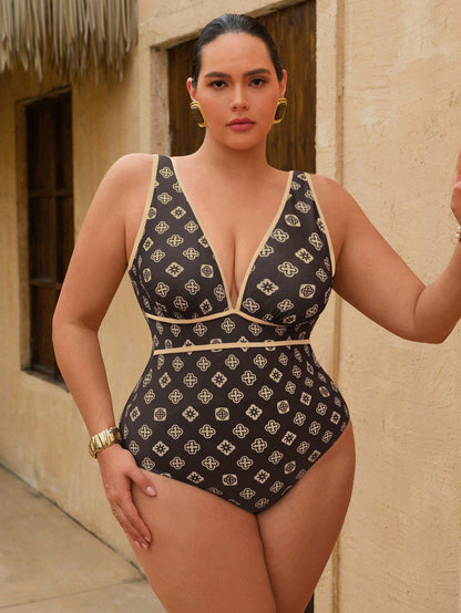 Swim Oasis Plus Size Women's 2-Piece High-End Printed One-Piece Swimsuit With Matching Long Printed Mesh Cover-Up, Suitable For Beach Vacation In Summer