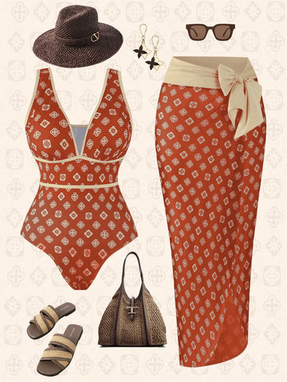 Swim Oasis Plus Size Women's 2-Piece High-End Printed One-Piece Swimsuit With Matching Long Printed Mesh Cover-Up, Suitable For Beach Vacation In Summer