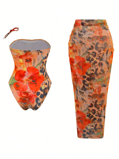 Swim Oasis Plus Size Women's Floral Print One-Piece Swimsuit And Skirt, Suitable For Beach Vacation, Pool Party, Beach Party