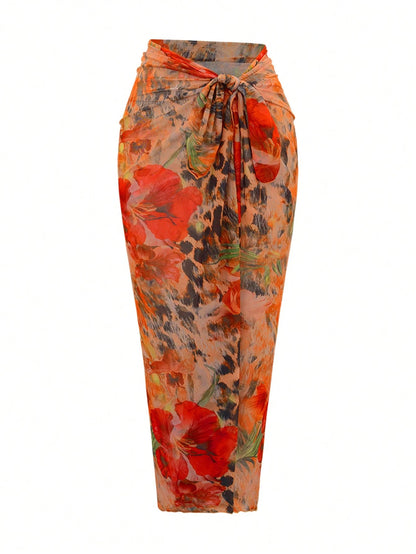 Swim Oasis Plus Size Women's Floral Print One-Piece Swimsuit And Skirt, Suitable For Beach Vacation, Pool Party, Beach Party