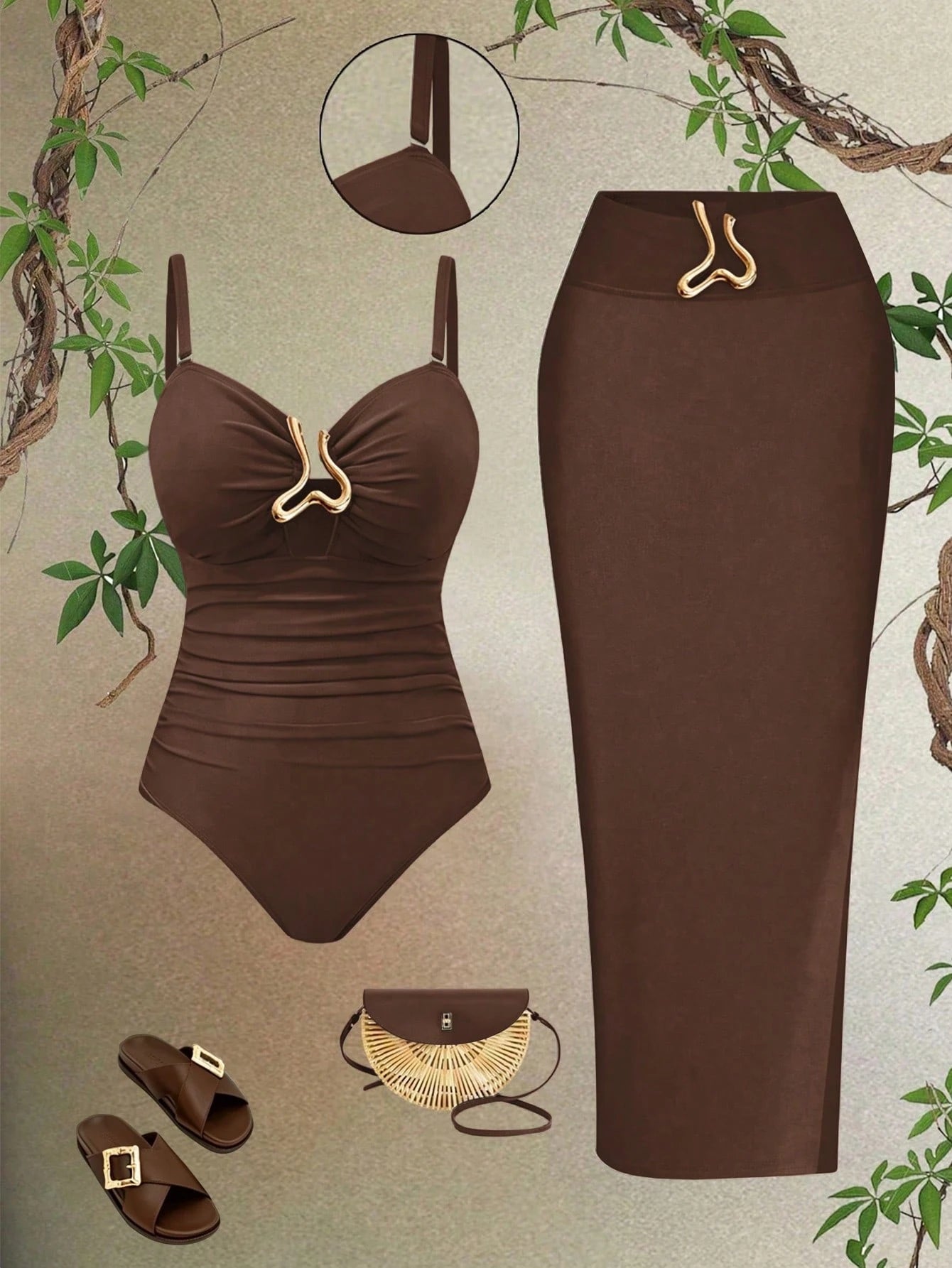 Swim Oasis Plus Size Women's High-End Oasis 2-Piece Set Coffee Color Bandeau Spaghetti Strap Hollow Out Slim Fit One-Piece Swimsuit With Black Mesh Sarong Skirt