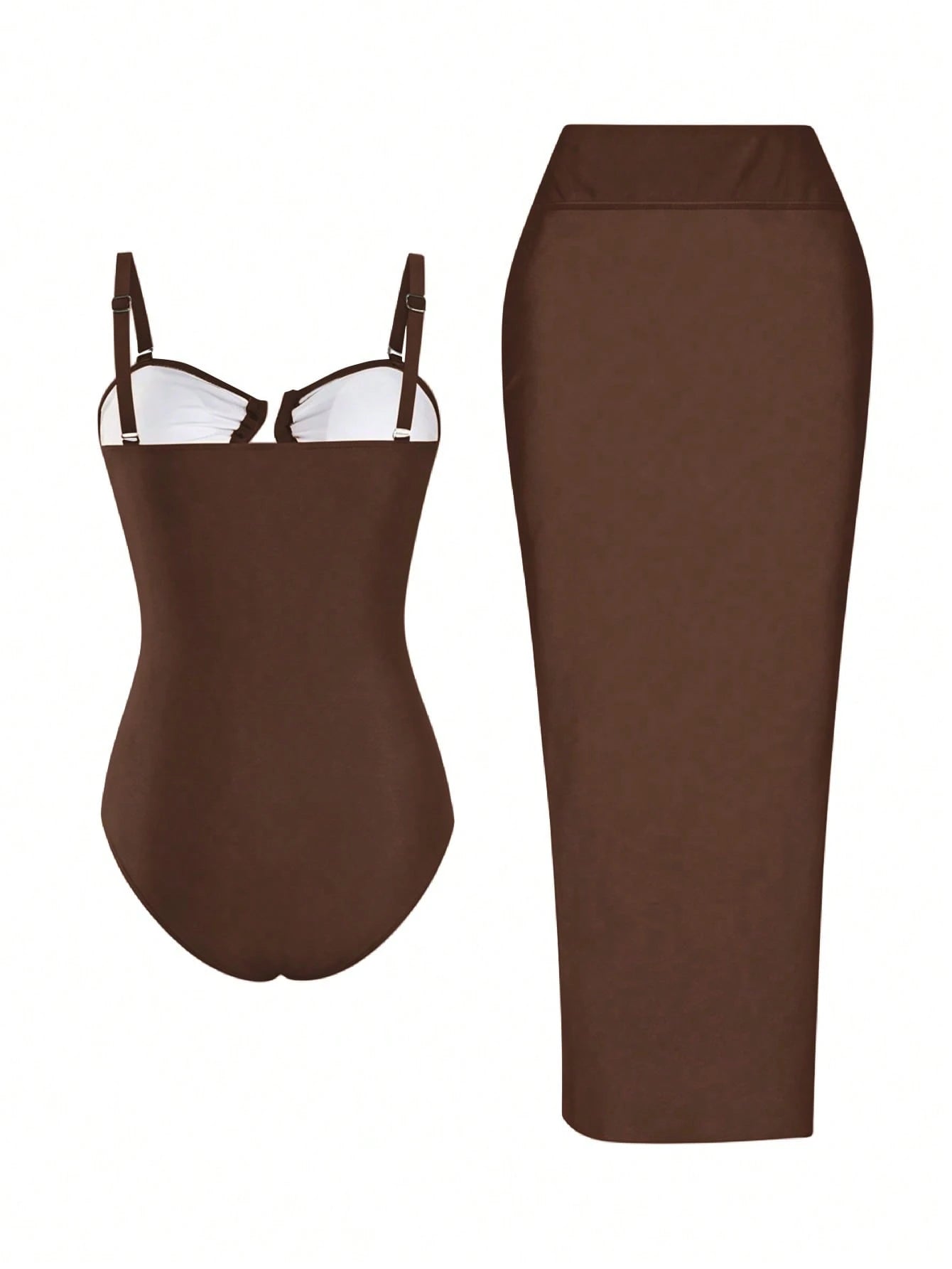 Swim Oasis Plus Size Women's High-End Oasis 2-Piece Set Coffee Color Bandeau Spaghetti Strap Hollow Out Slim Fit One-Piece Swimsuit With Black Mesh Sarong Skirt