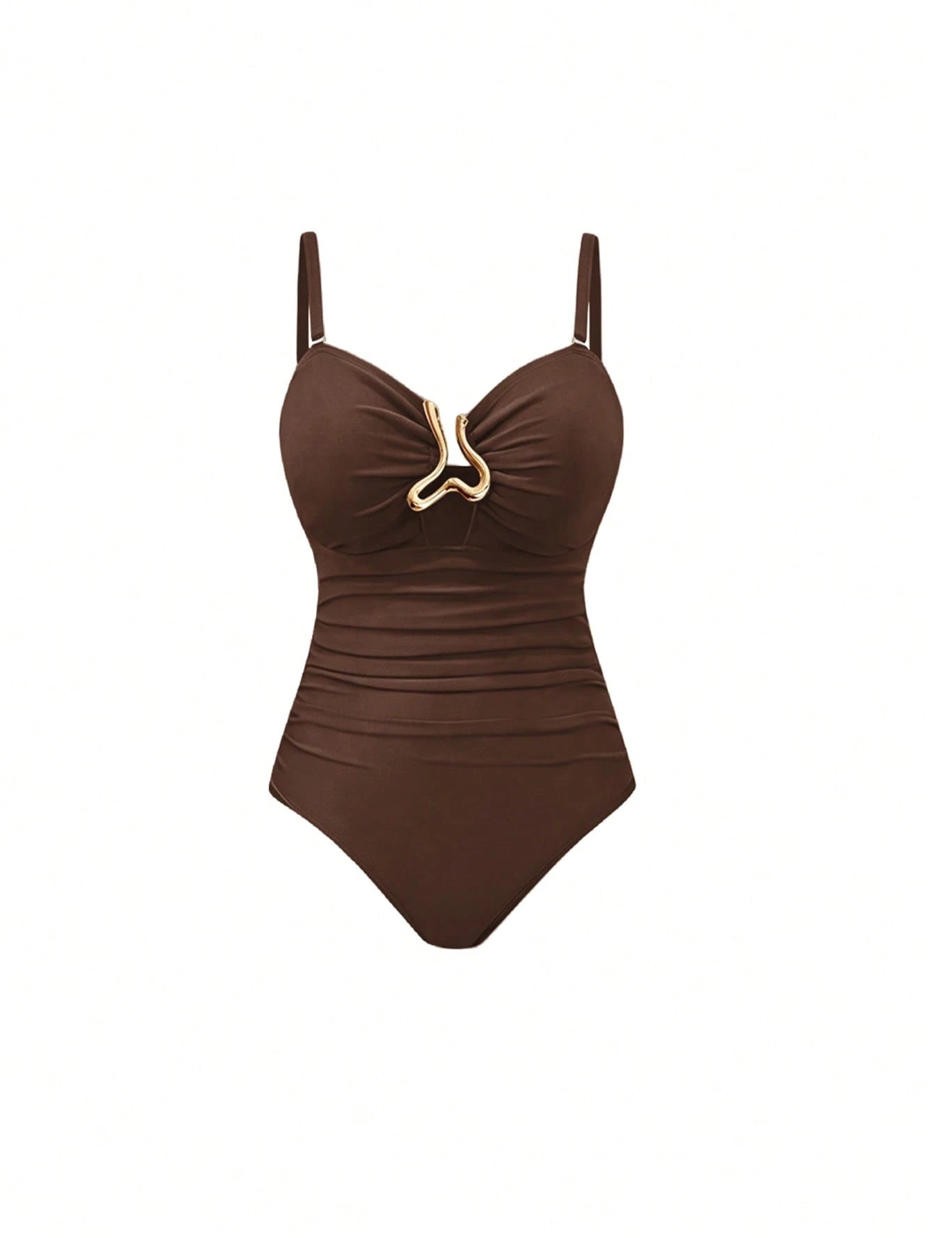 Swim Oasis Plus Size Women's High-End Oasis 2-Piece Set Coffee Color Bandeau Spaghetti Strap Hollow Out Slim Fit One-Piece Swimsuit With Black Mesh Sarong Skirt