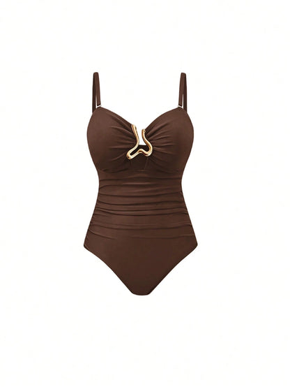 Swim Oasis Plus Size Women's High-End Oasis 2-Piece Set Coffee Color Bandeau Spaghetti Strap Hollow Out Slim Fit One-Piece Swimsuit With Black Mesh Sarong Skirt