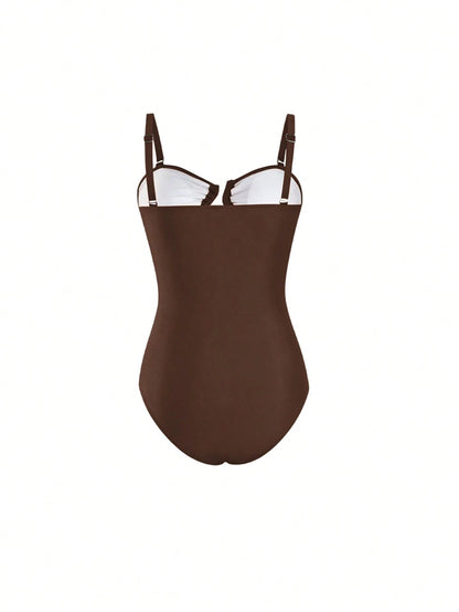 Swim Oasis Plus Size Women's High-End Oasis 2-Piece Set Coffee Color Bandeau Spaghetti Strap Hollow Out Slim Fit One-Piece Swimsuit With Black Mesh Sarong Skirt