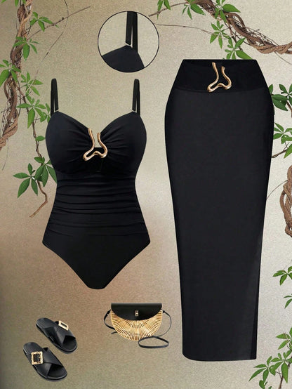 Swim Oasis Plus Size Women's High-End Oasis 2-Piece Set Coffee Color Bandeau Spaghetti Strap Hollow Out Slim Fit One-Piece Swimsuit With Black Mesh Sarong Skirt