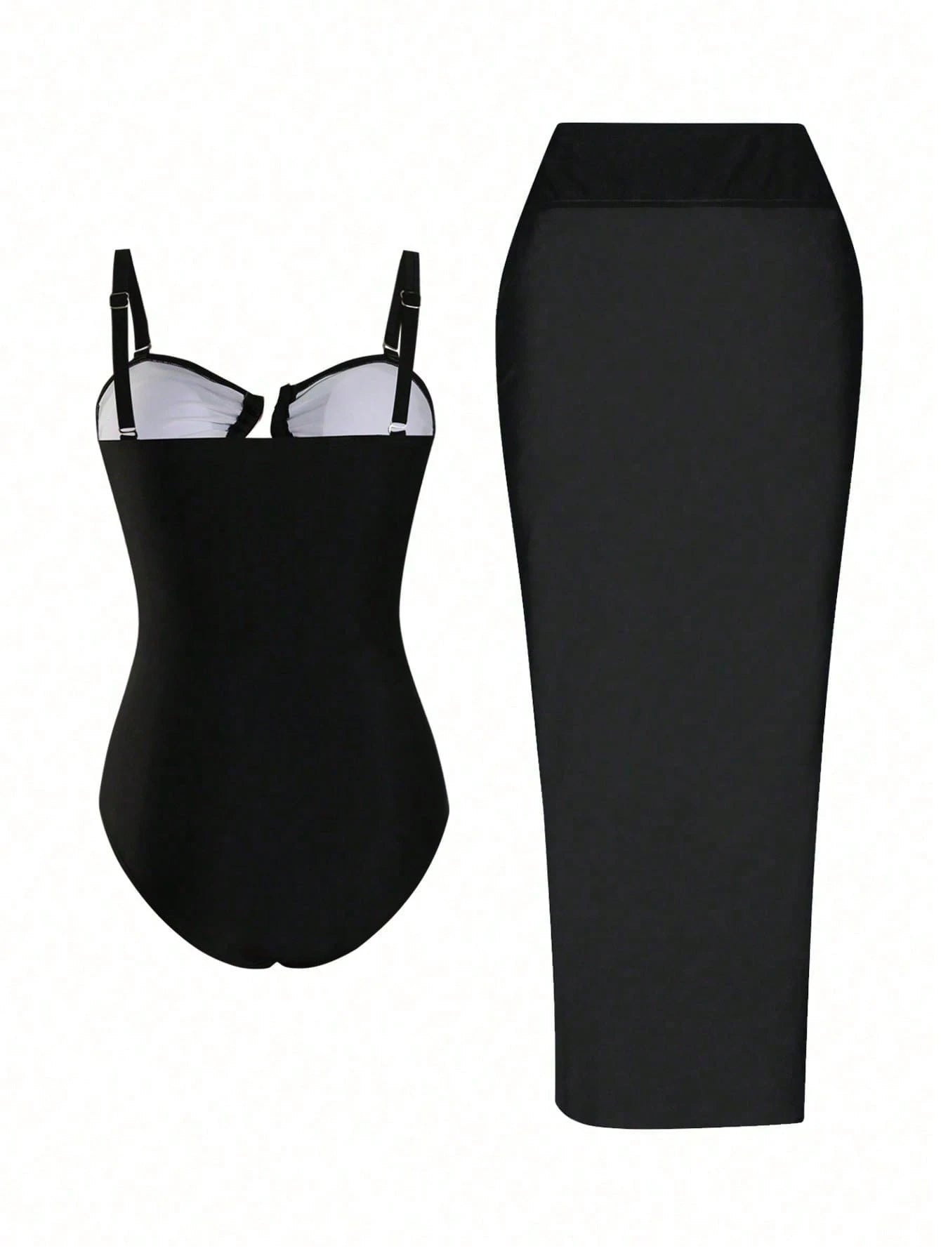 Swim Oasis Plus Size Women's High-End Oasis 2-Piece Set Coffee Color Bandeau Spaghetti Strap Hollow Out Slim Fit One-Piece Swimsuit With Black Mesh Sarong Skirt