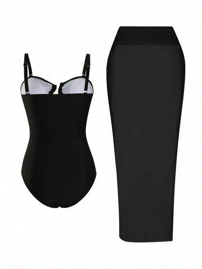 Swim Oasis Plus Size Women's High-End Oasis 2-Piece Set Coffee Color Bandeau Spaghetti Strap Hollow Out Slim Fit One-Piece Swimsuit With Black Mesh Sarong Skirt