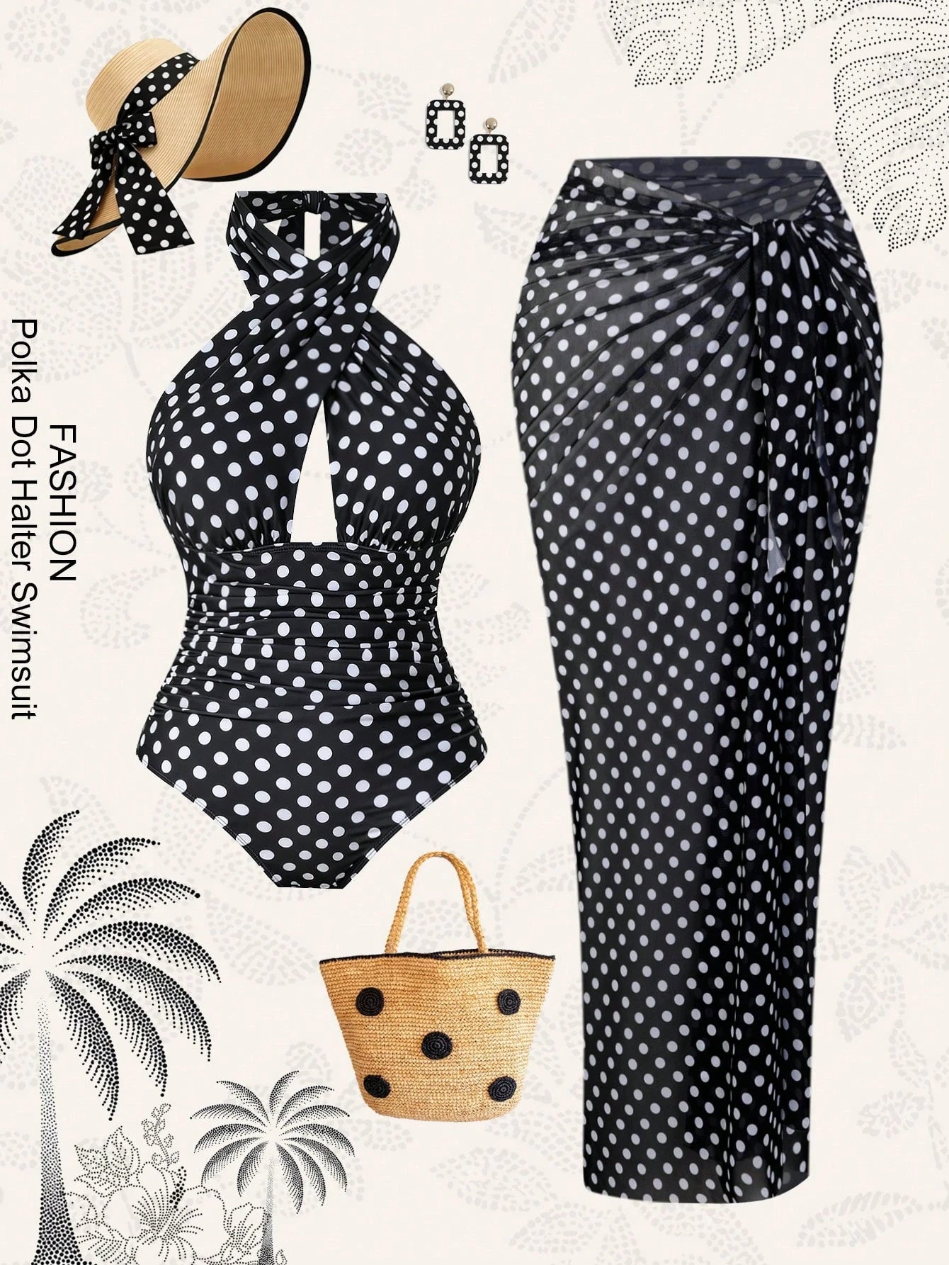 Swim Oasis Plus Size Women's Retro Polka Dot Halter One-Piece Swimsuit With Mesh Wrap Skirt 2-Piece Set,Vintage 1920s Flapper Style Black Beach Summer Holiday