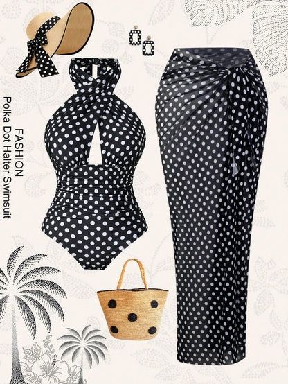 Swim Oasis Plus Size Women's Retro Polka Dot Halter One-Piece Swimsuit With Mesh Wrap Skirt 2-Piece Set,Vintage 1920s Flapper Style Black Beach Summer Holiday