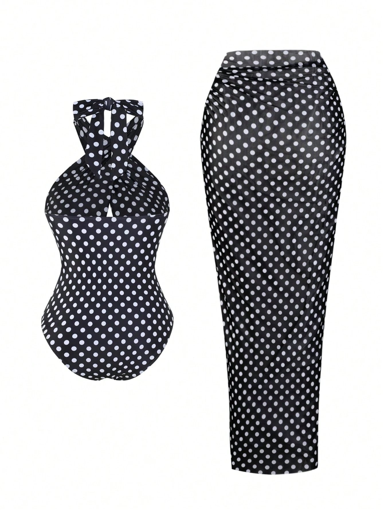 Swim Oasis Plus Size Women's Retro Polka Dot Halter One-Piece Swimsuit With Mesh Wrap Skirt 2-Piece Set,Vintage 1920s Flapper Style Black Beach Summer Holiday