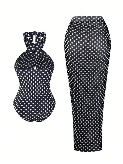Swim Oasis Plus Size Women's Retro Polka Dot Halter One-Piece Swimsuit With Mesh Wrap Skirt 2-Piece Set,Vintage 1920s Flapper Style Black Beach Summer Holiday