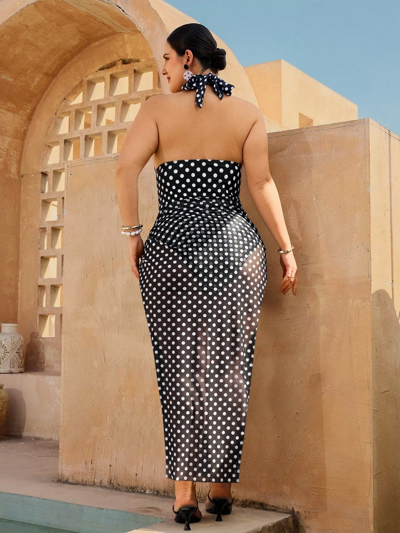 Swim Oasis Plus Size Women's Retro Polka Dot Halter One-Piece Swimsuit With Mesh Wrap Skirt 2-Piece Set,Vintage 1920s Flapper Style Black Beach Summer Holiday