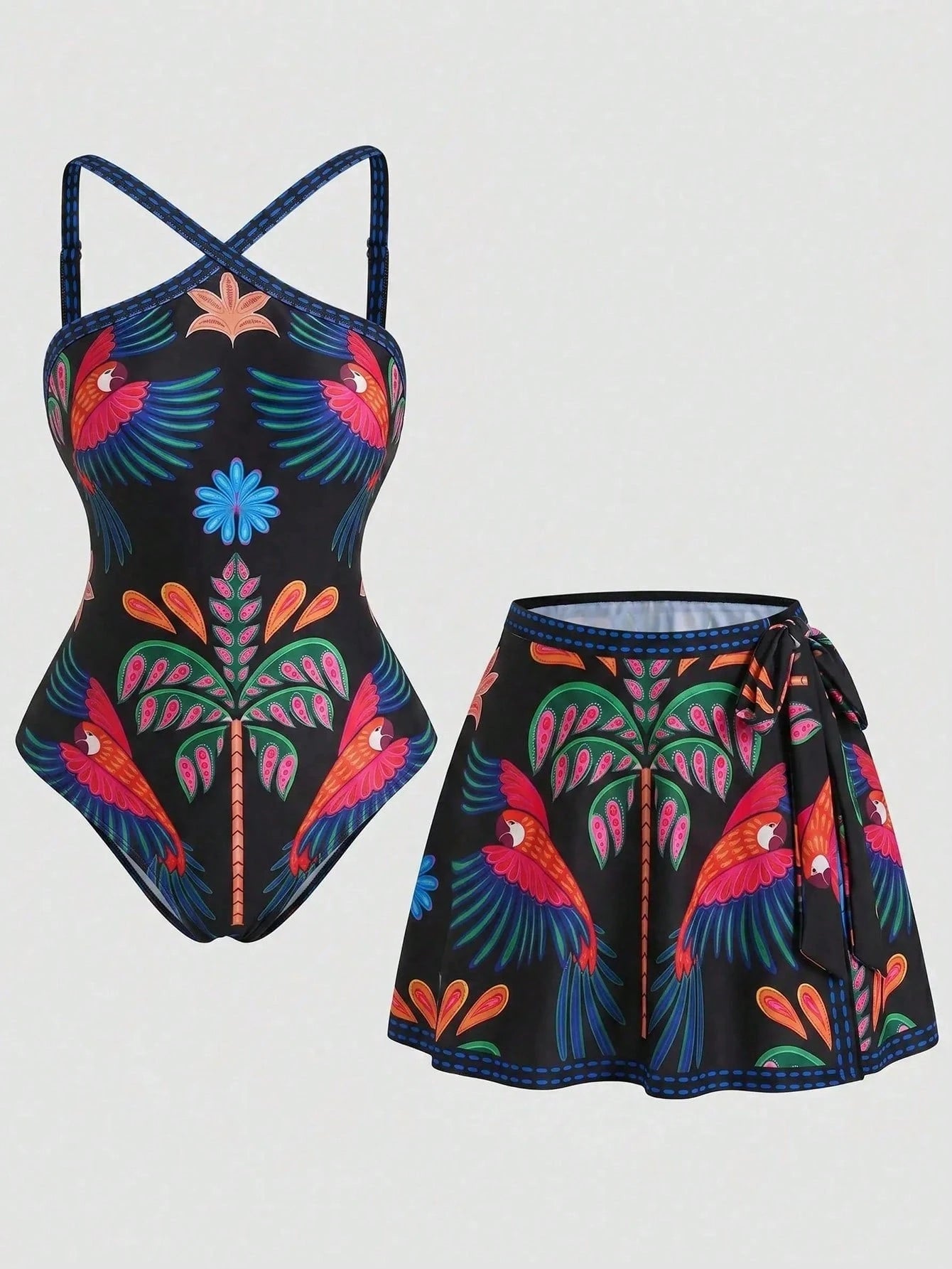 Swim Oasis Plus Size Women's Summer Beach Vacation 2026 New Exotic Parrot Print Tropical Style One-Piece Swimsuit Dress For Vacation And Hot Springs Coral