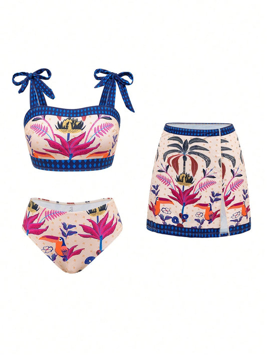 Swim Oasis Women's 3 Pieces Swimsuit Set Tropic Print Bikini,Beige Summer Boho Beach Holiday Holiday Outfit Zante Zoo Outfits Tight-Fitting Printed Set