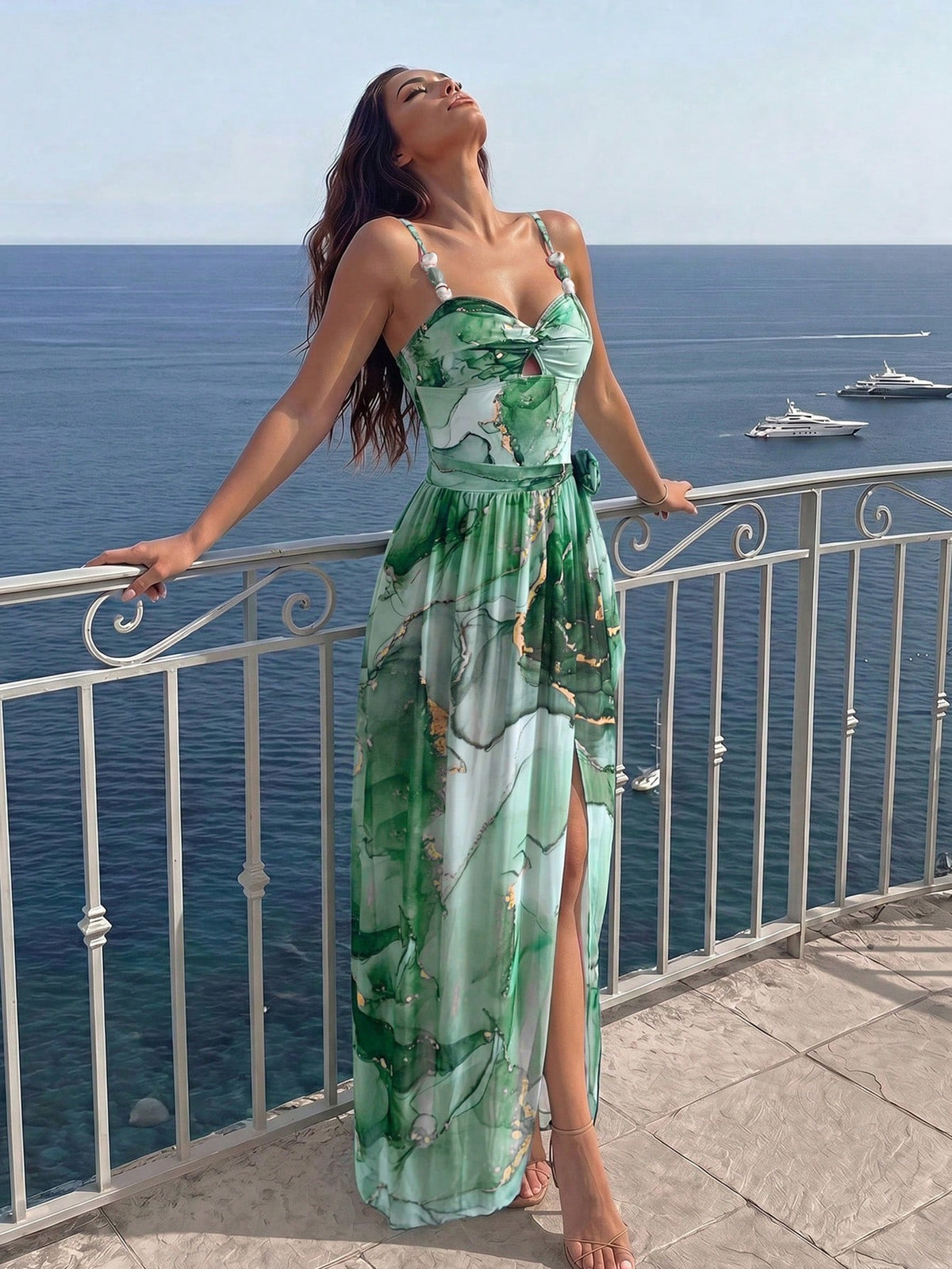 Swim Oasis Women's Elegant Casual Marble Color Block Beaded Decor Twist Design One-Piece Swimsuit & Cover-Up Set, Summer Vacation Beach Outfit, Back To School