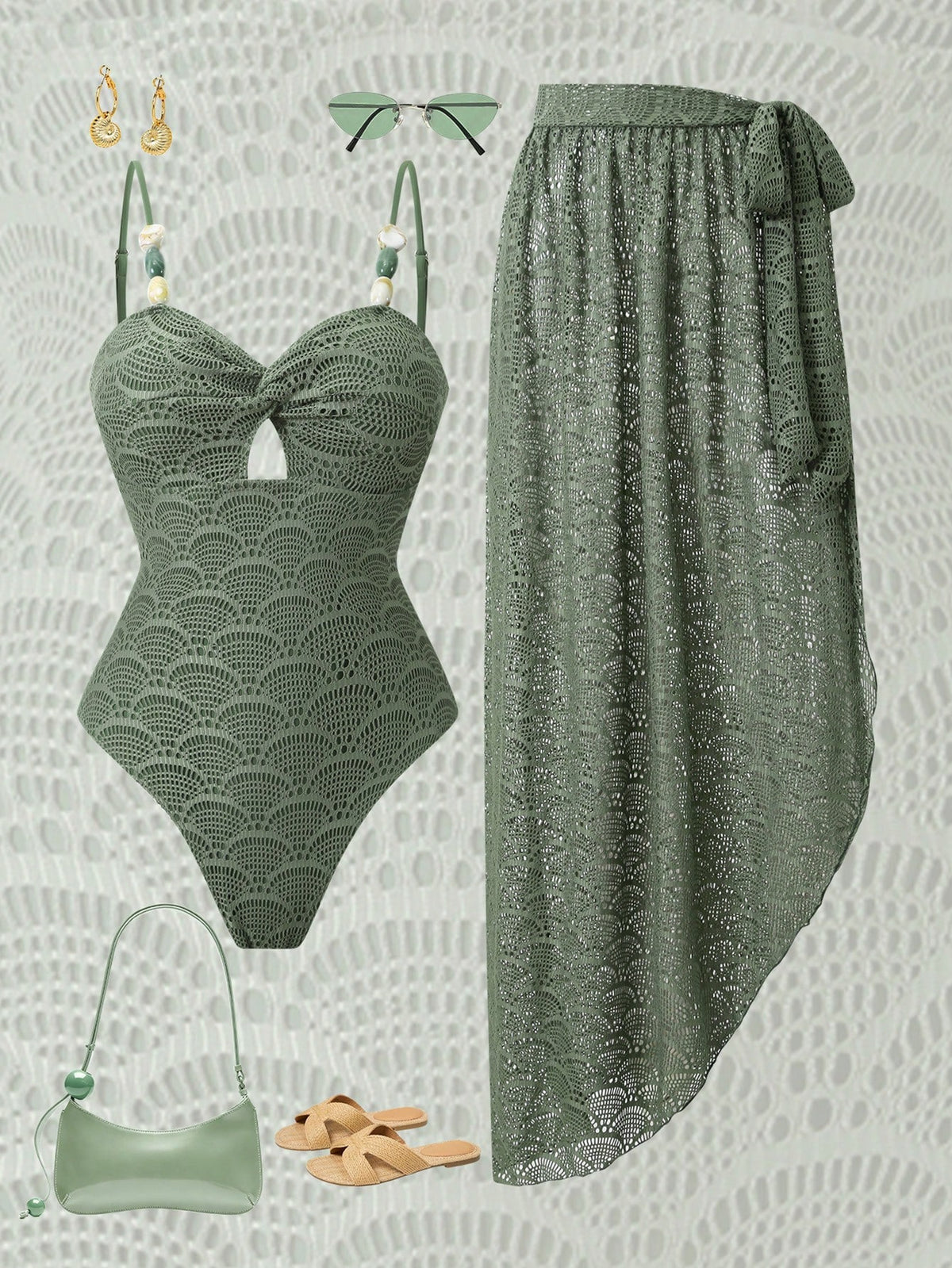 Swim Oasis Women's Elegant Casual Marble Color Block Beaded Decor Twist Design One-Piece Swimsuit & Cover-Up Set, Summer Vacation Beach Outfit, Back To School